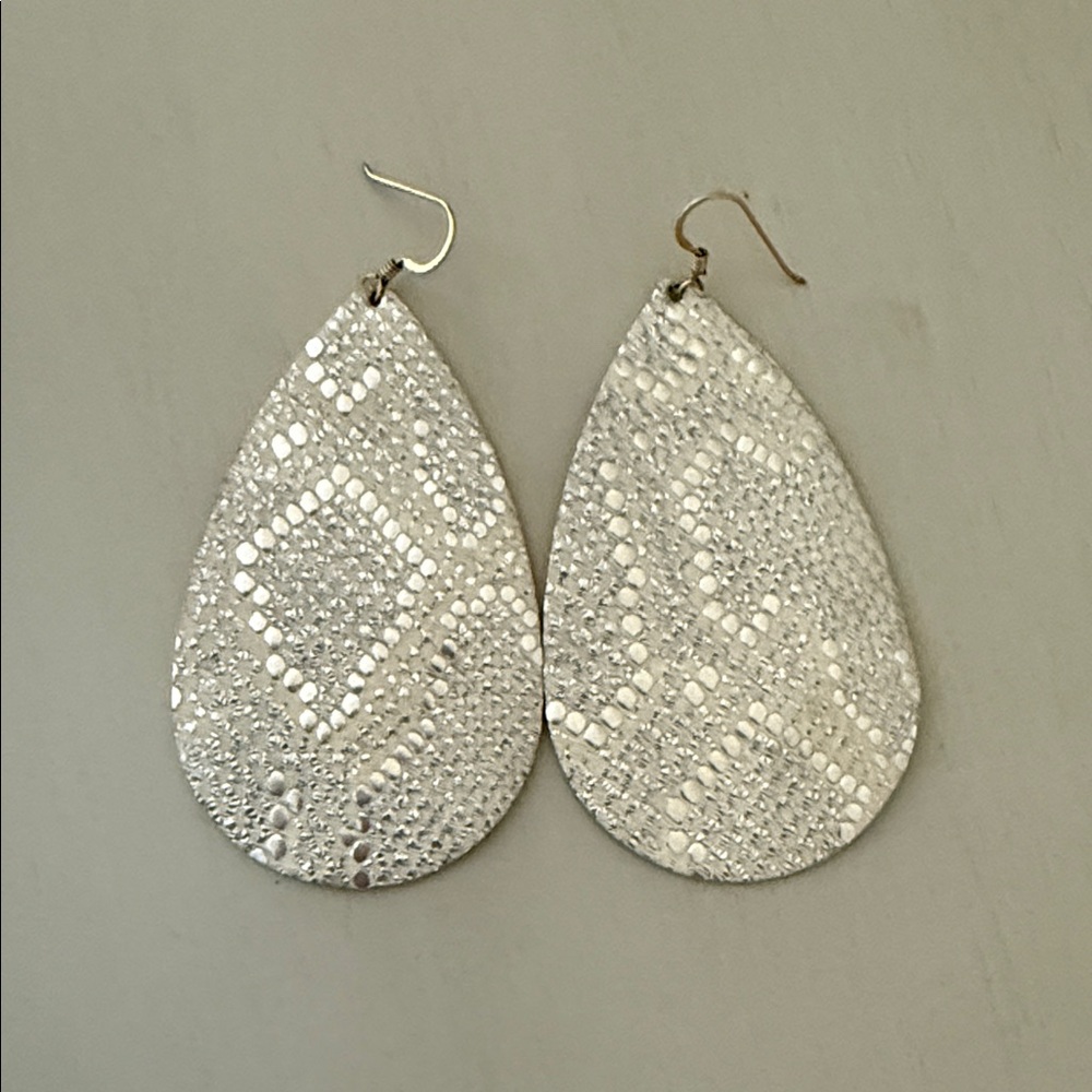 Nickel and suede large Silver/champagne snake print Teardrop Earrings